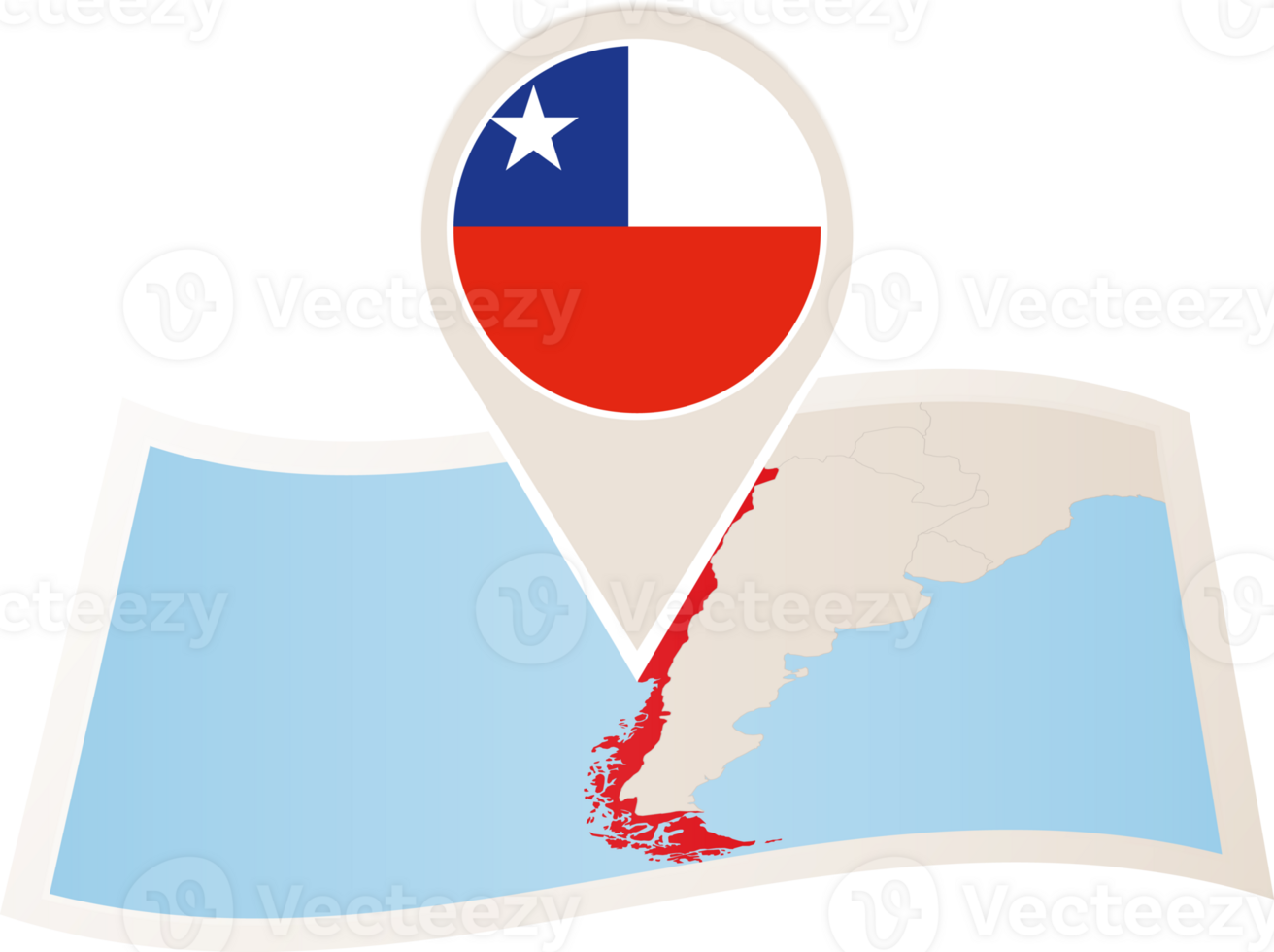 Folded map of Chile with flag pin of Chile. png