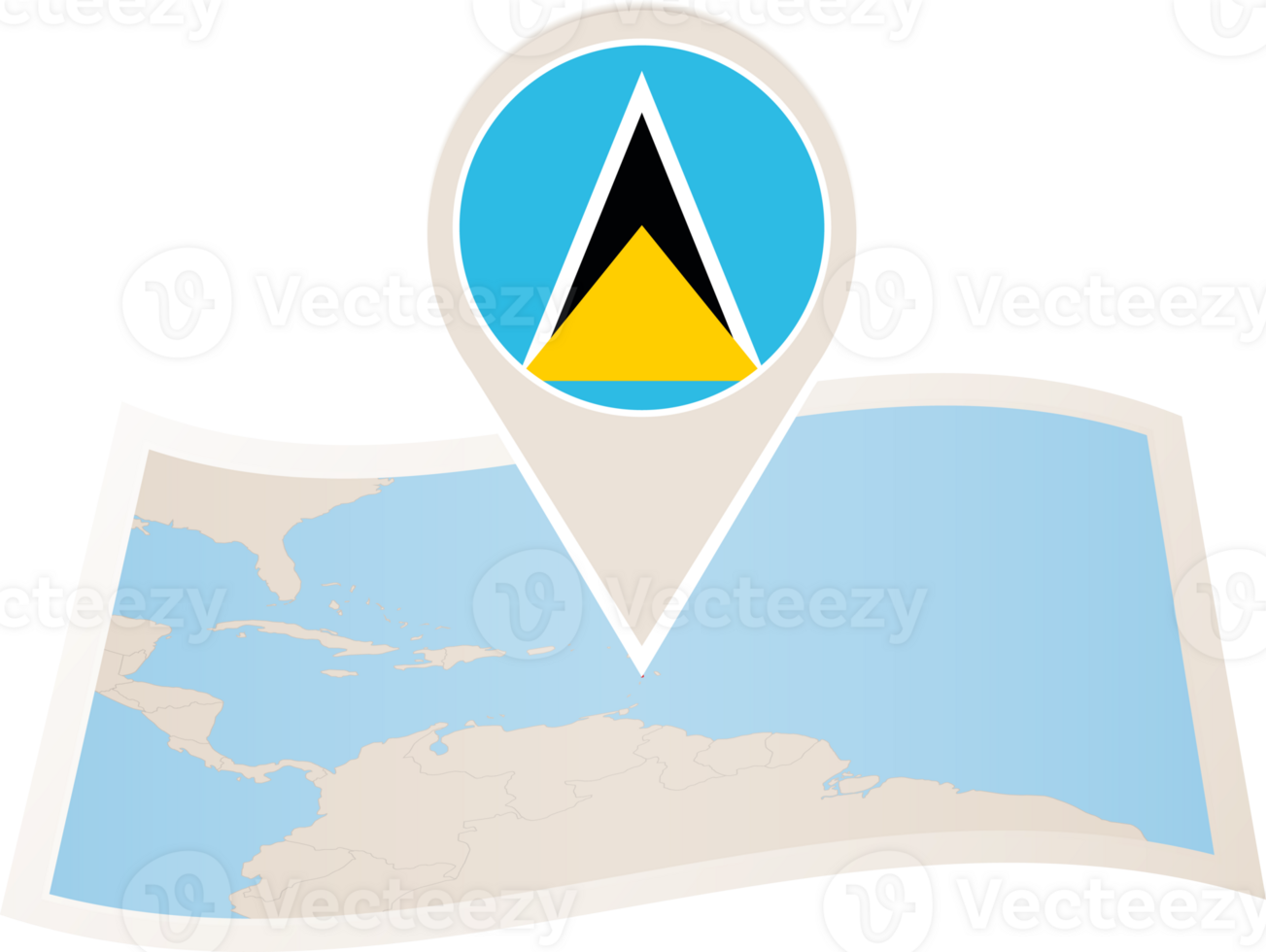 Folded map of Saint Lucia with flag pin of Saint Lucia. png
