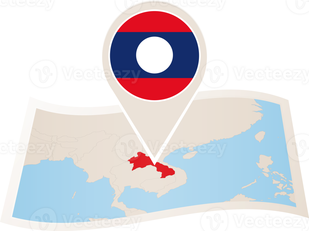 Folded map of Laos with flag pin of Laos. png