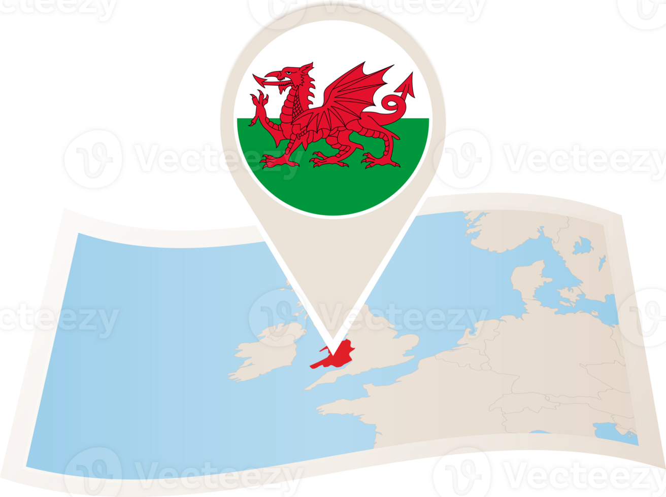 Folded map of Wales with flag pin of Wales. png