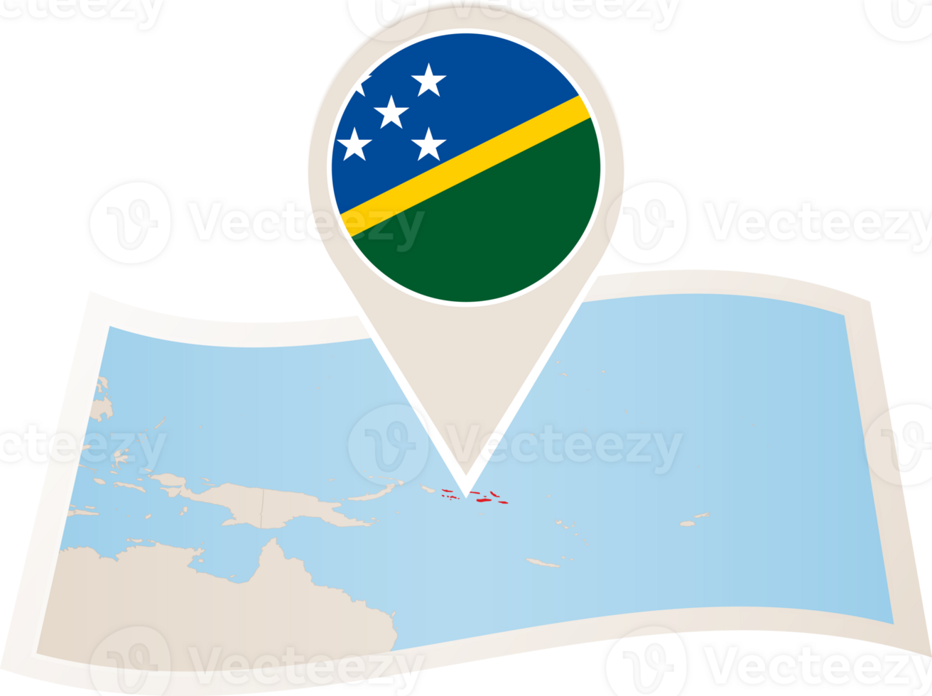 Folded map of Solomon Islands with flag pin of Solomon Islands. png