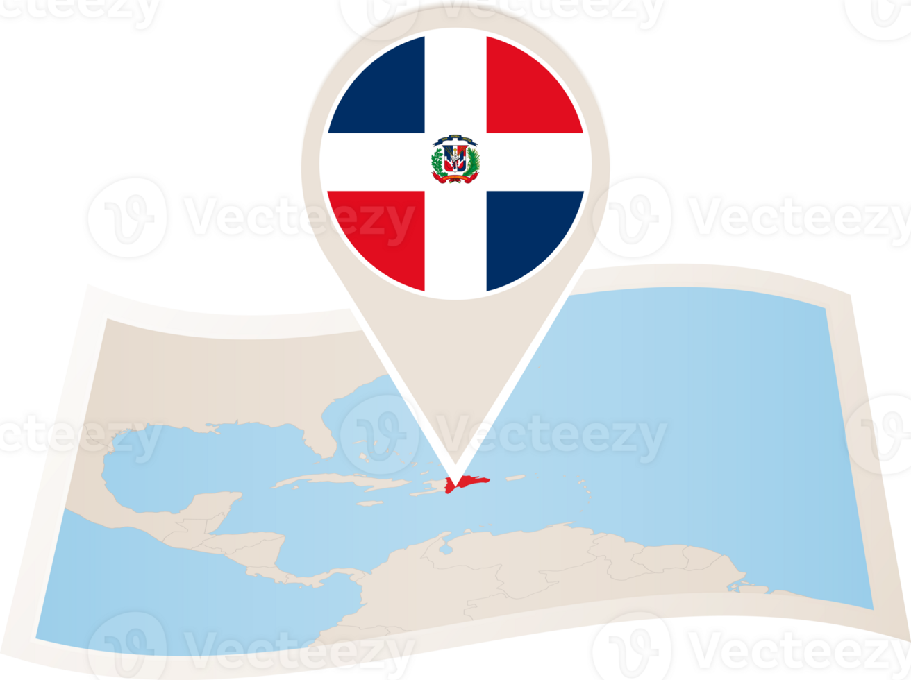Folded map of Dominican Republic with flag pin of Dominican Republic. png
