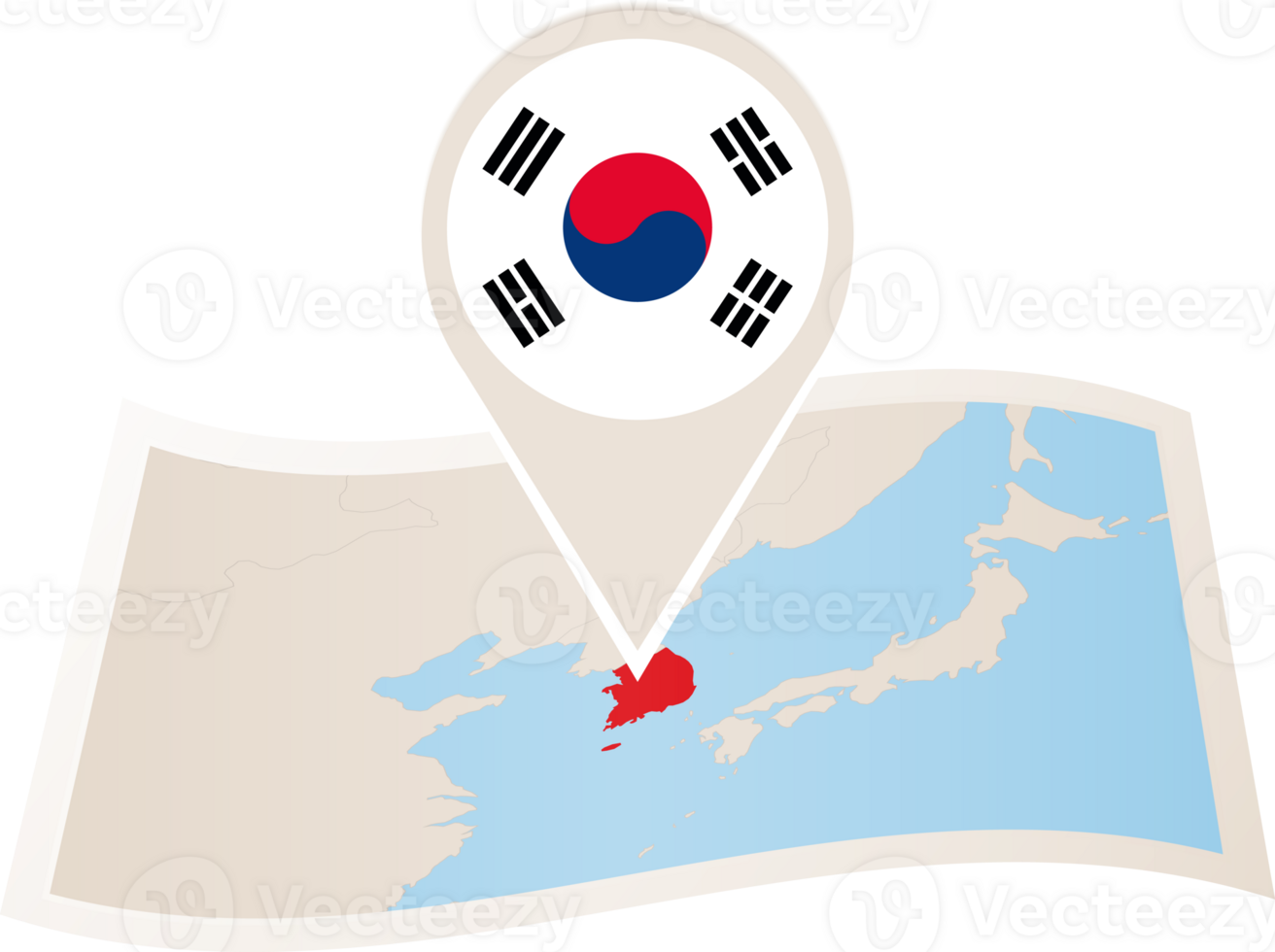 Folded map of South Korea with flag pin of South Korea. png