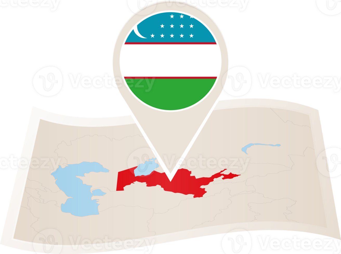 Folded map of Uzbekistan with flag pin of Uzbekistan. png