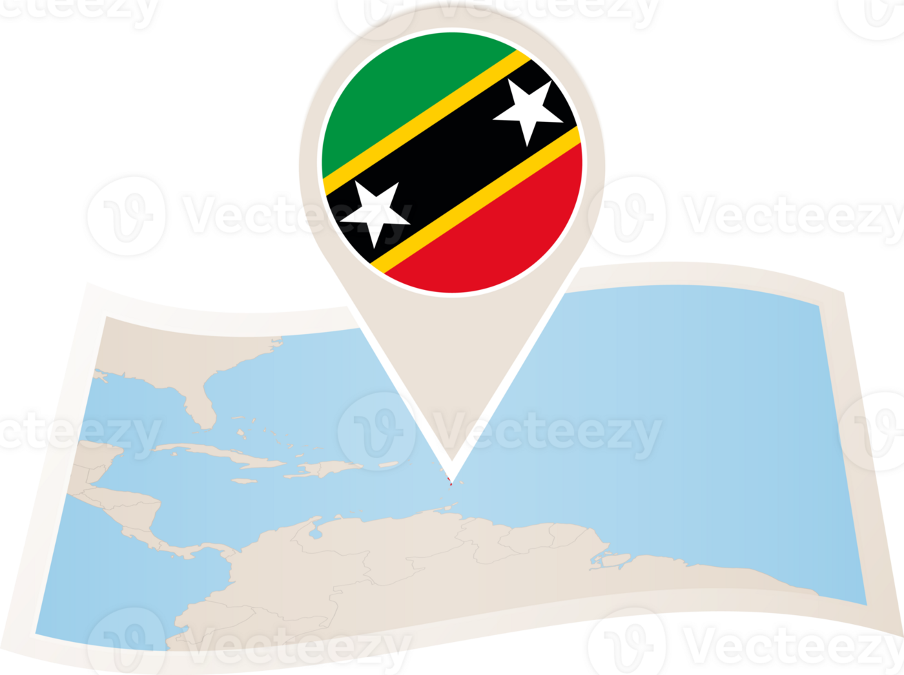 Folded map of Saint Kitts and Nevis with flag pin of Saint Kitts and Nevis. png