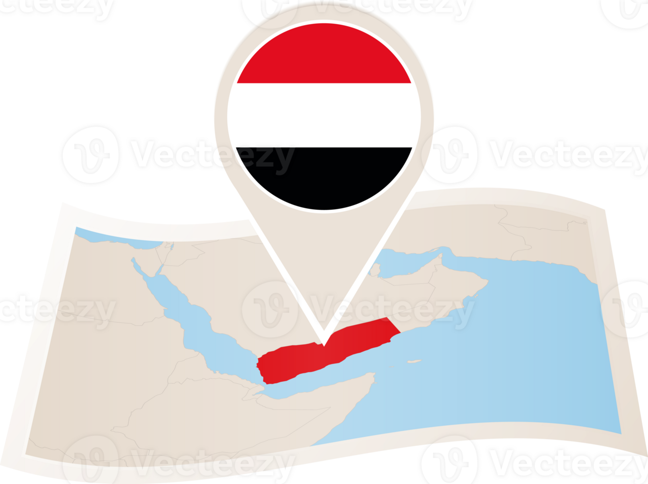 Folded map of Yemen with flag pin of Yemen. png
