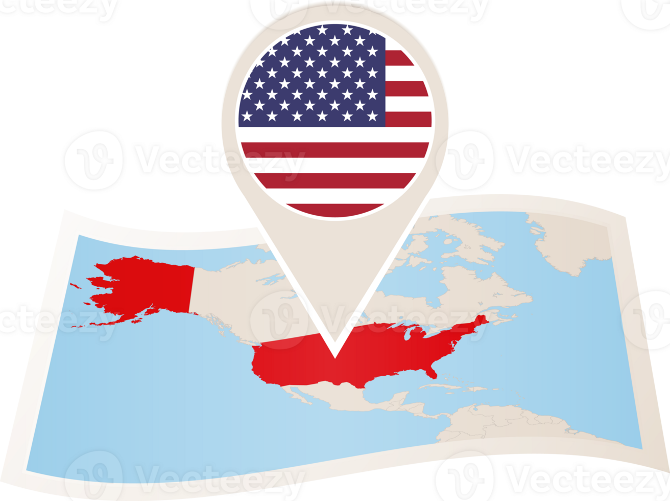 Folded map of USA with flag pin of United States of America. png