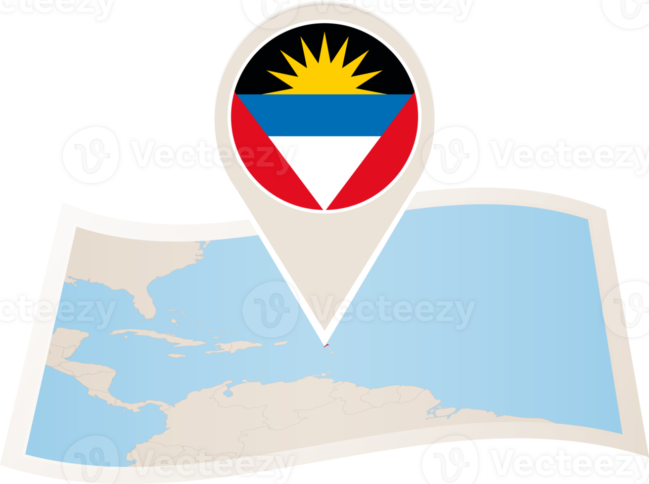 Folded map of Antigua and Barbuda with flag pin of Antigua and Barbuda. png