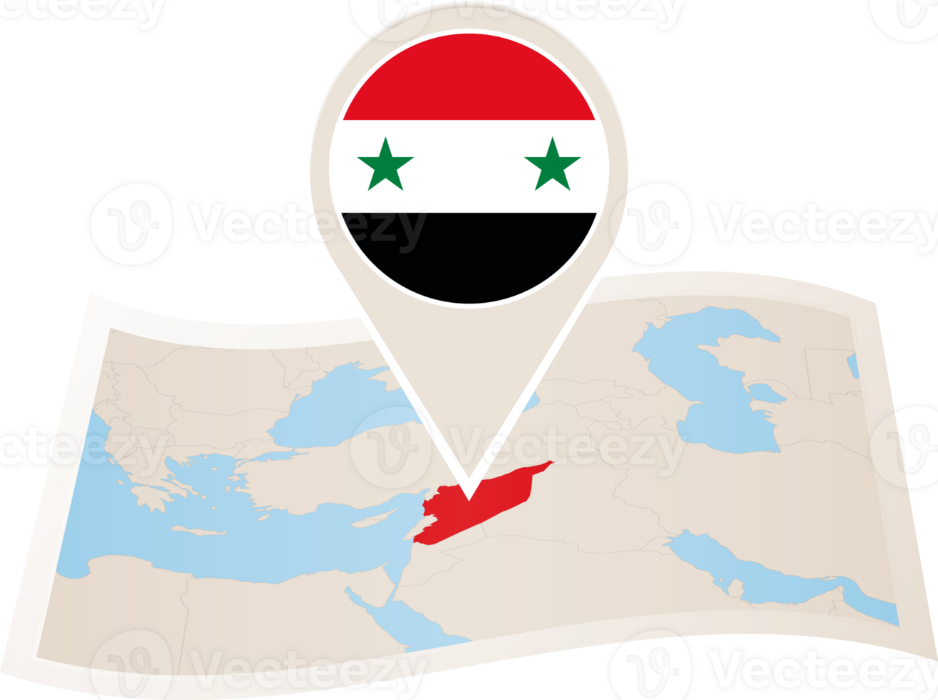 Folded map of Syria with flag pin of Syria. png