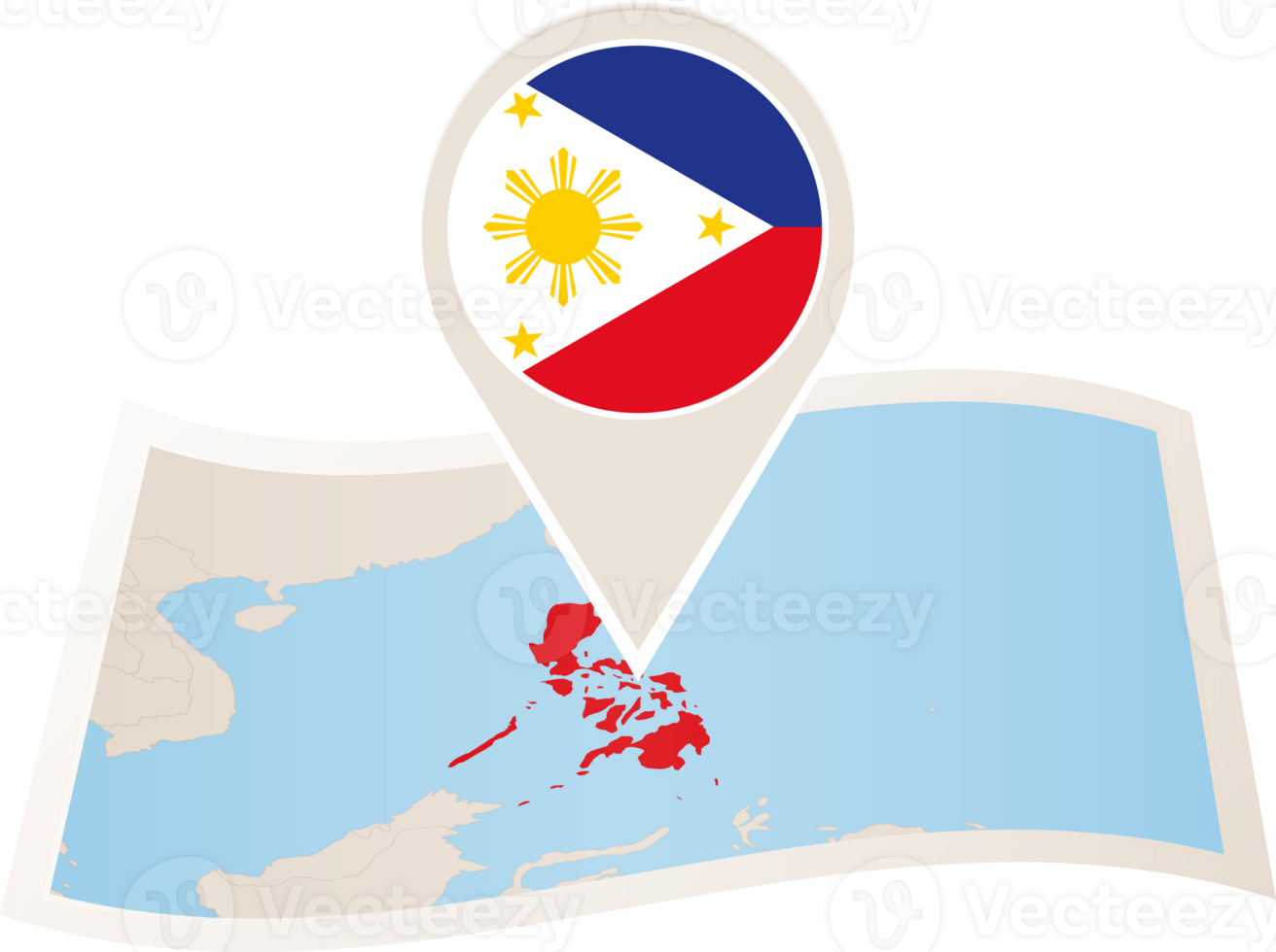 Folded map of Philippines with flag pin of Philippines. png
