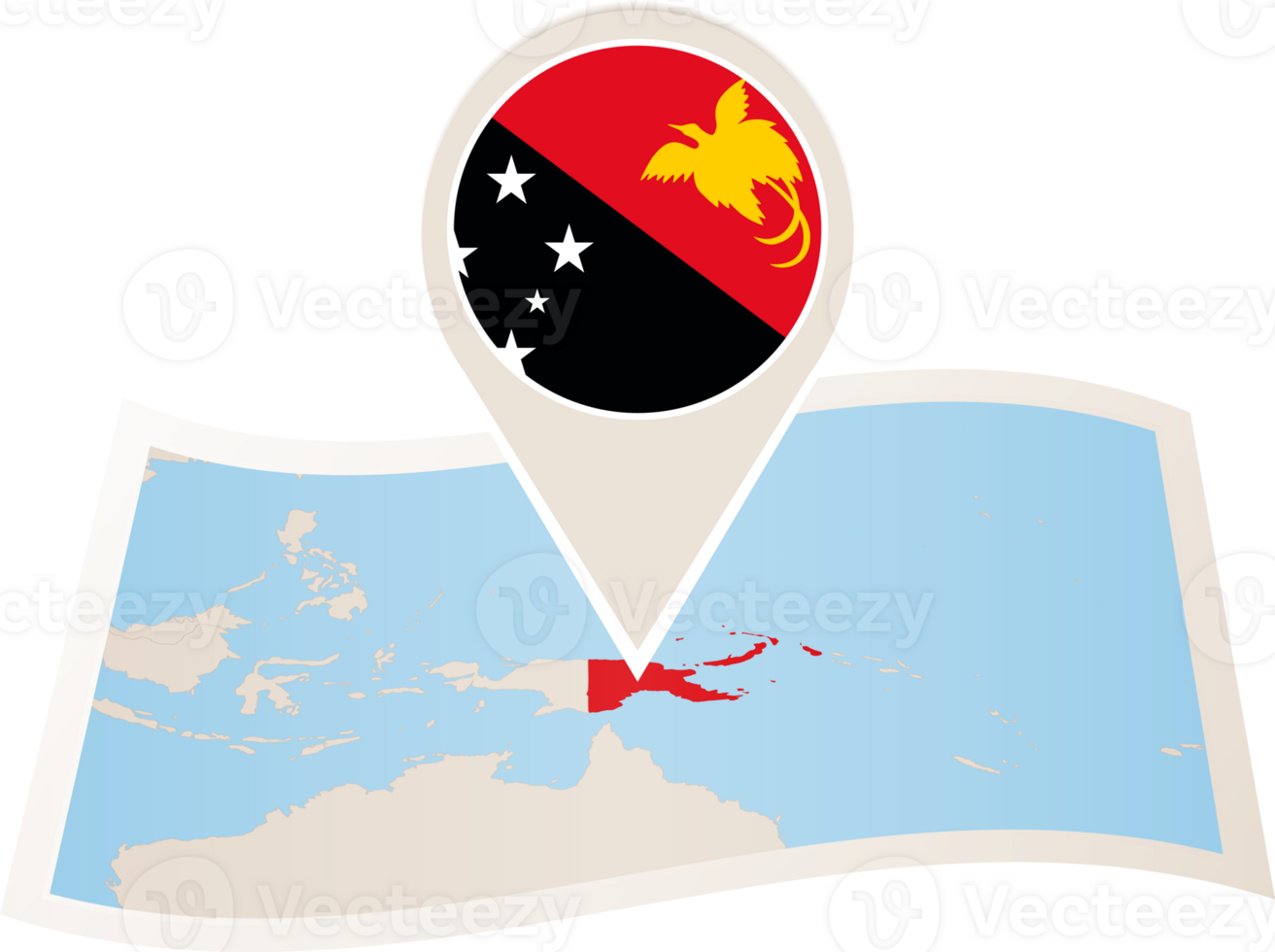 Folded map of Papua New Guinea with flag pin of Papua New Guinea. png