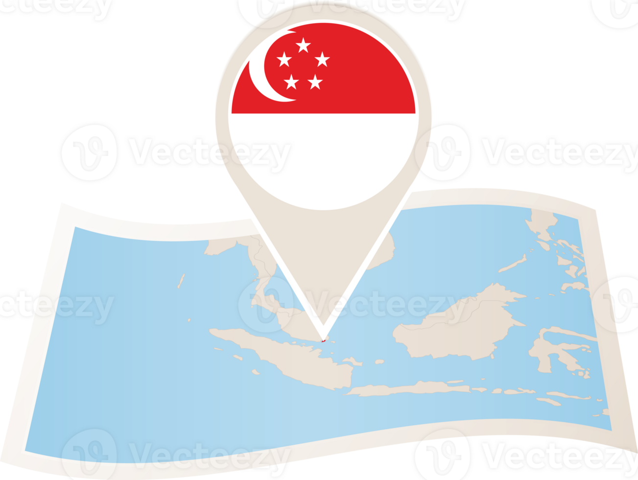Folded map of Singapore with flag pin of Singapore. png