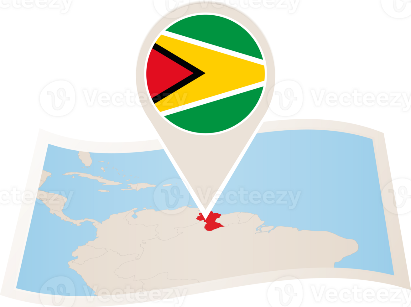 Folded map of Guyana with flag pin of Guyana. png