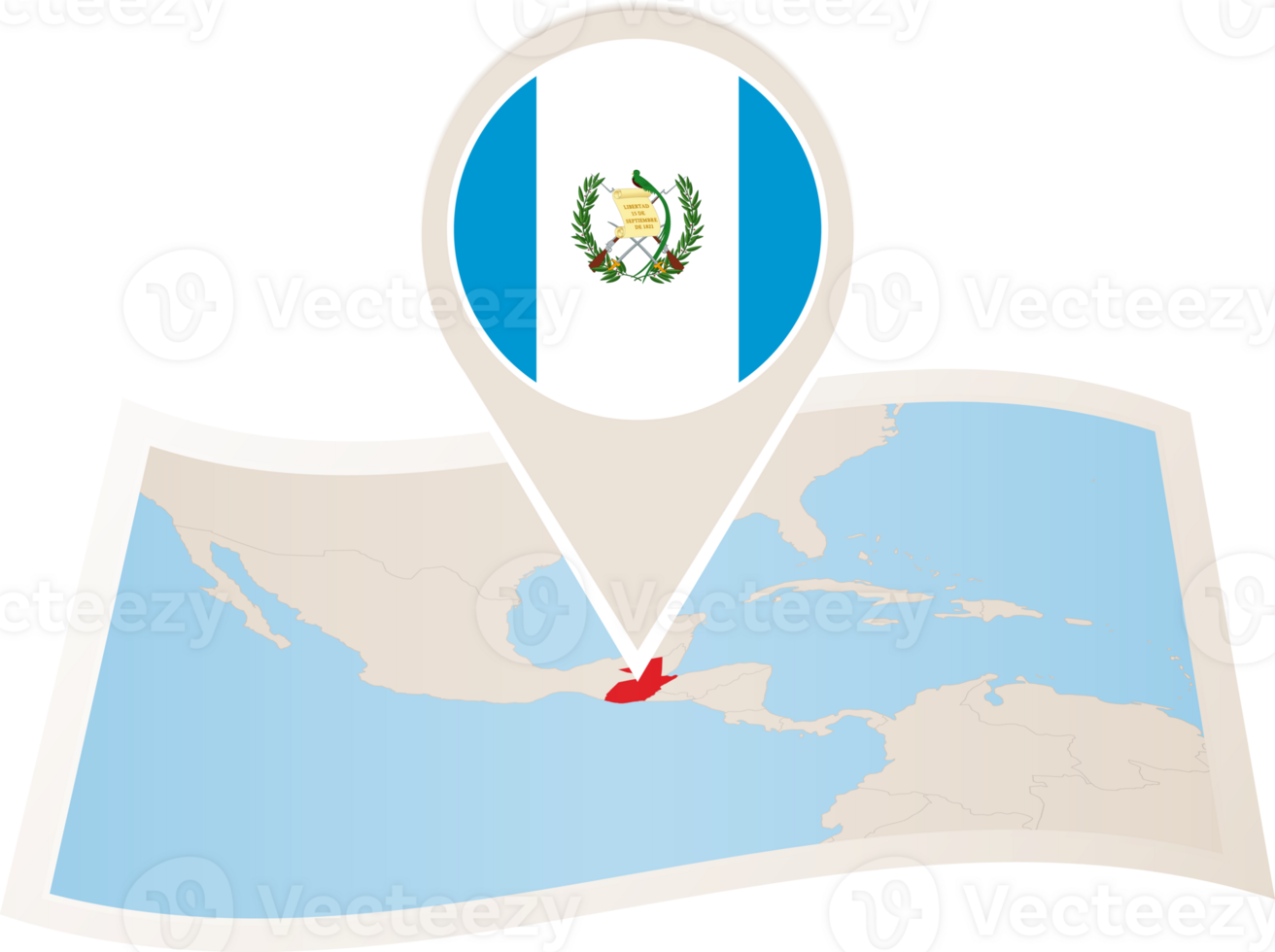 Folded map of Guatemala with flag pin of Guatemala. png