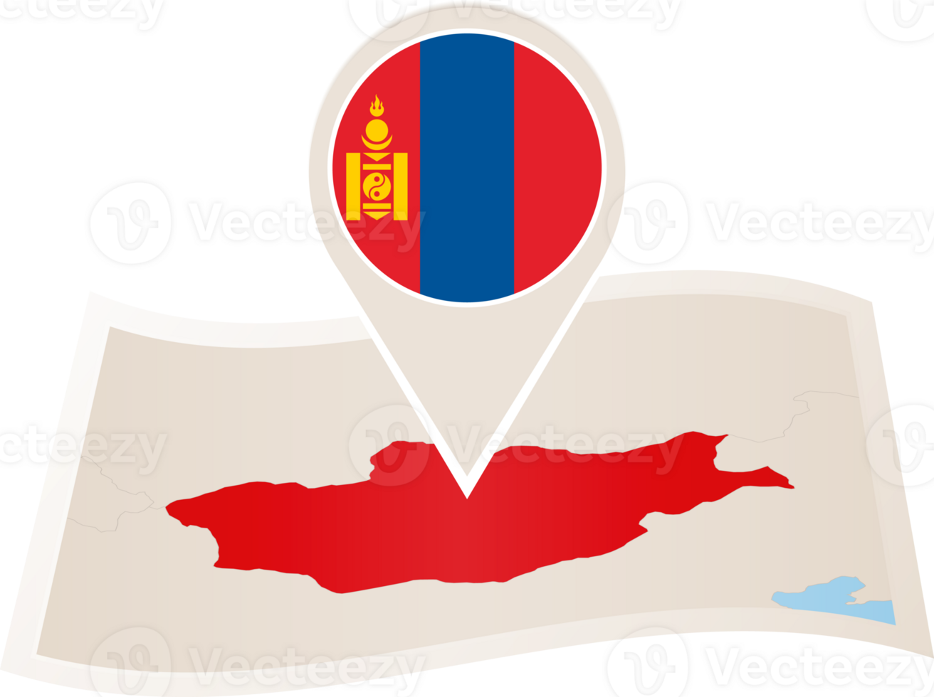 Folded map of Mongolia with flag pin of Mongolia. png