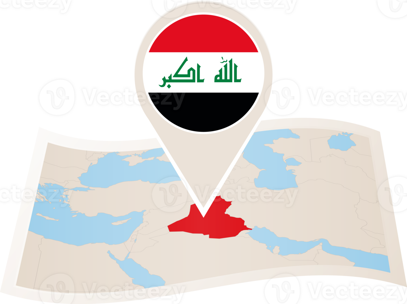 Folded map of Iraq with flag pin of Iraq. png