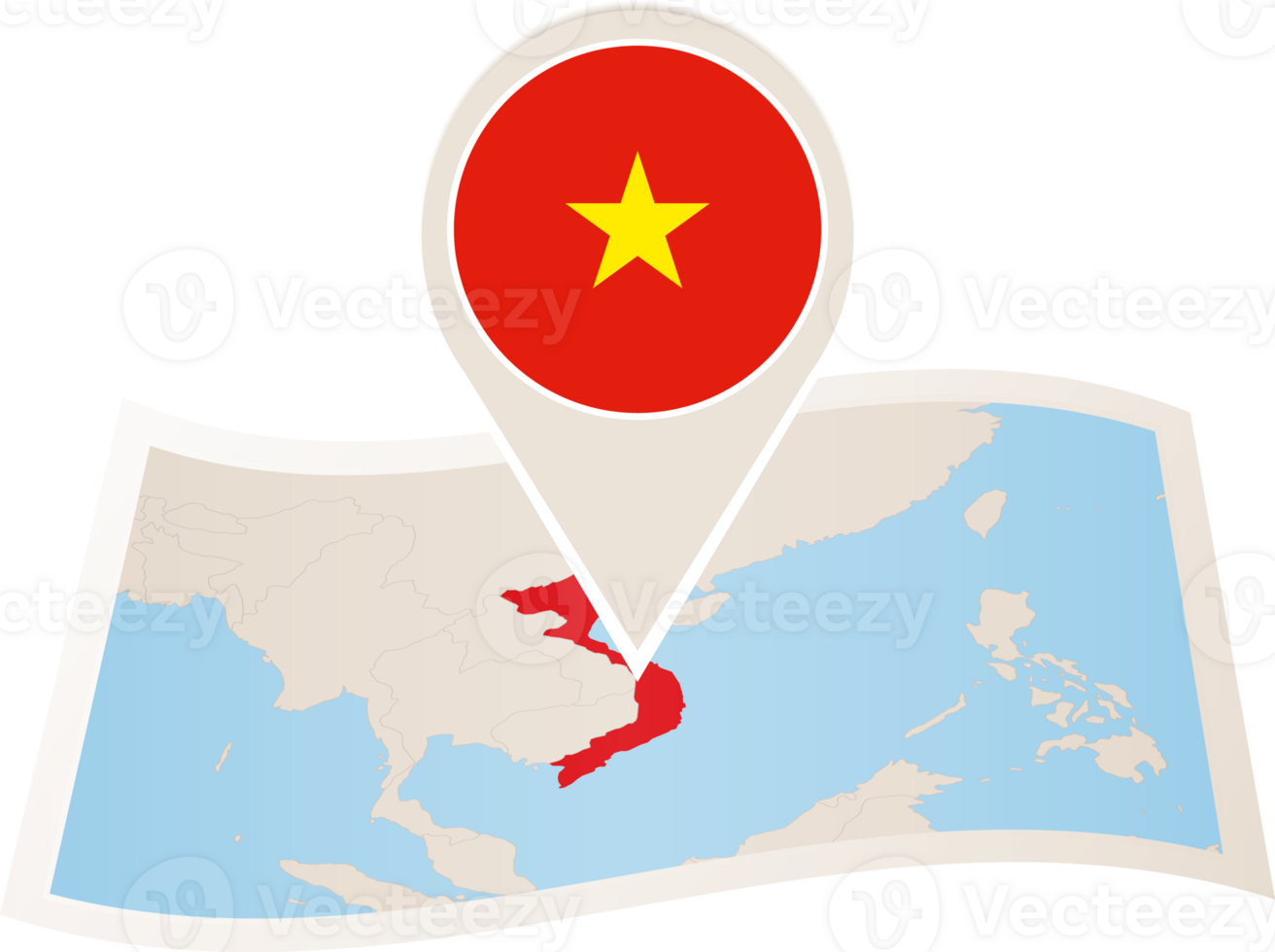 Folded map of Vietnam with flag pin of Vietnam. png