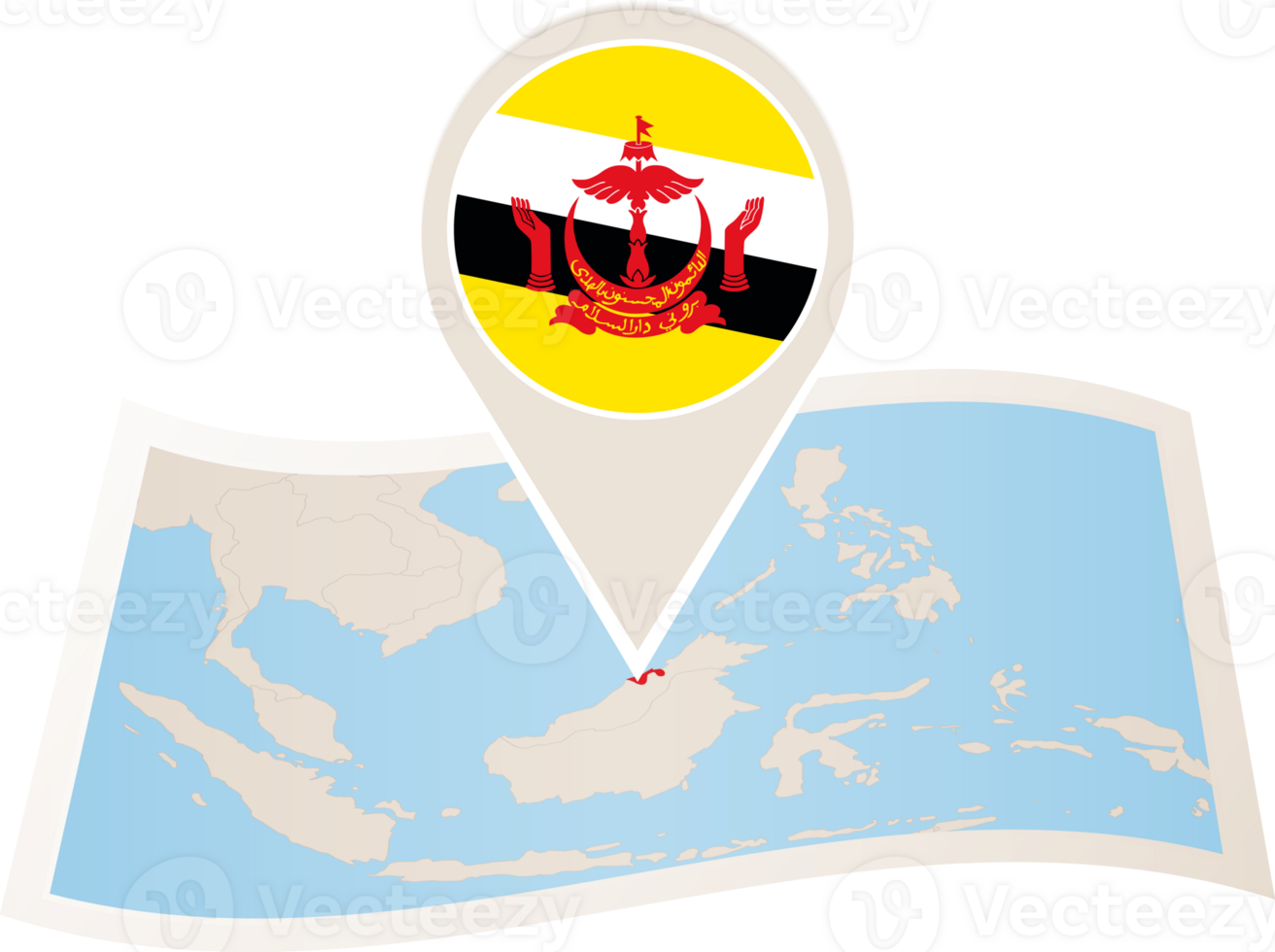 Folded map of Brunei with flag pin of Brunei. png