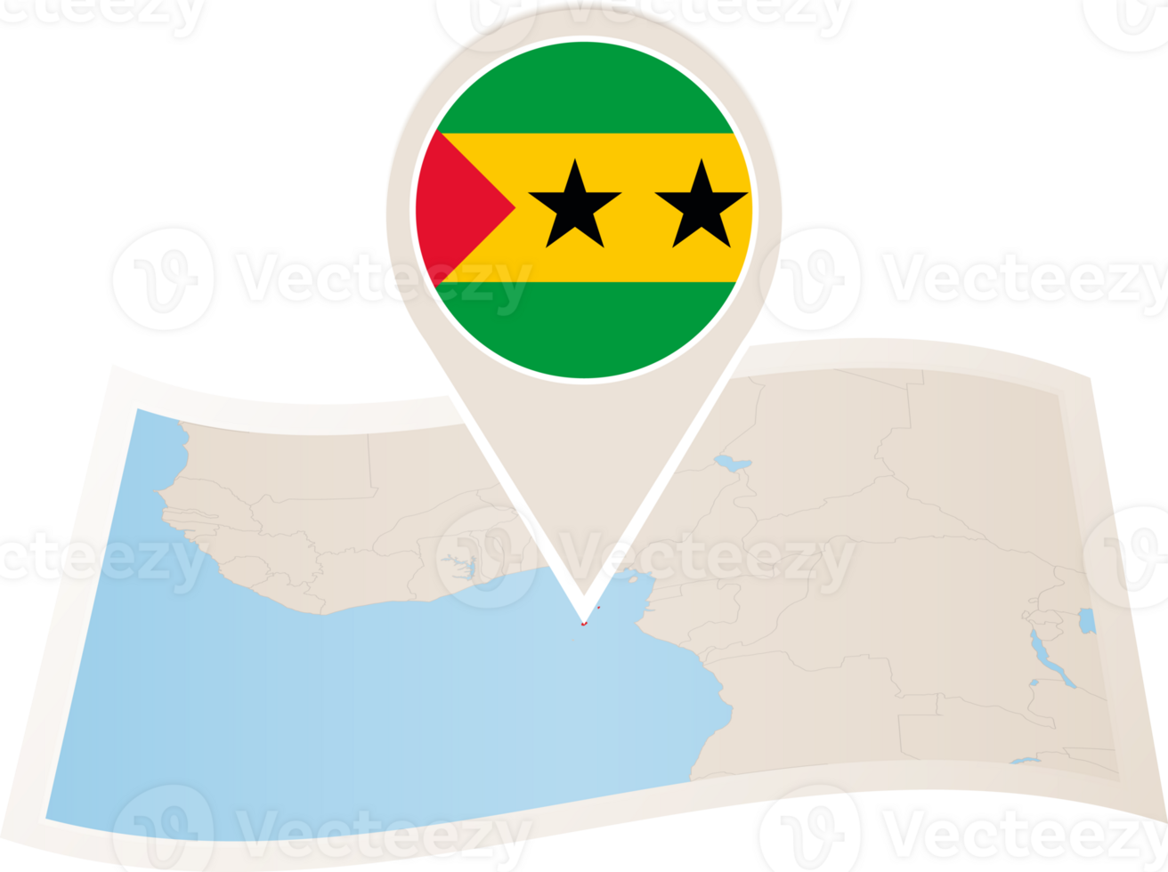 Folded map of Sao Tome and Principe with flag pin of Sao Tome and Principe. png