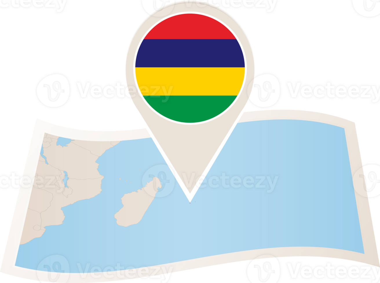 Folded map of Mauritius with flag pin of Mauritius. png