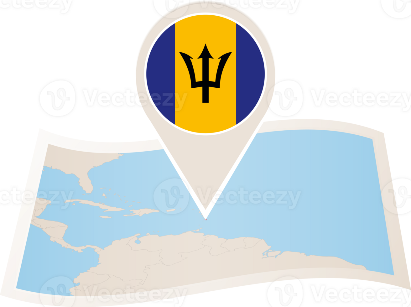 Folded map of Barbados with flag pin of Barbados. png