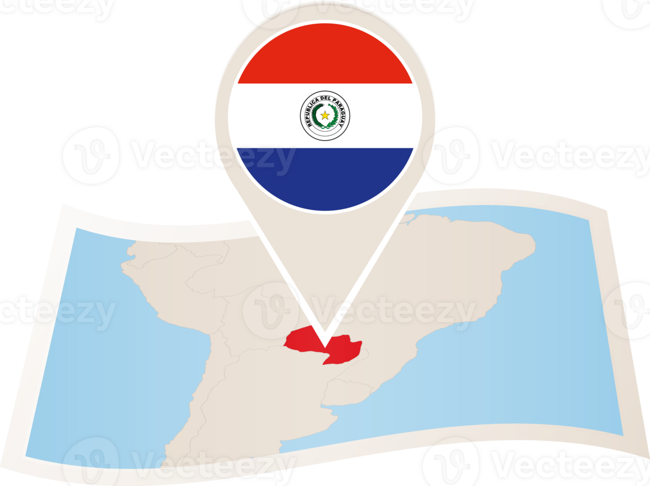 Folded map of Paraguay with flag pin of Paraguay. png