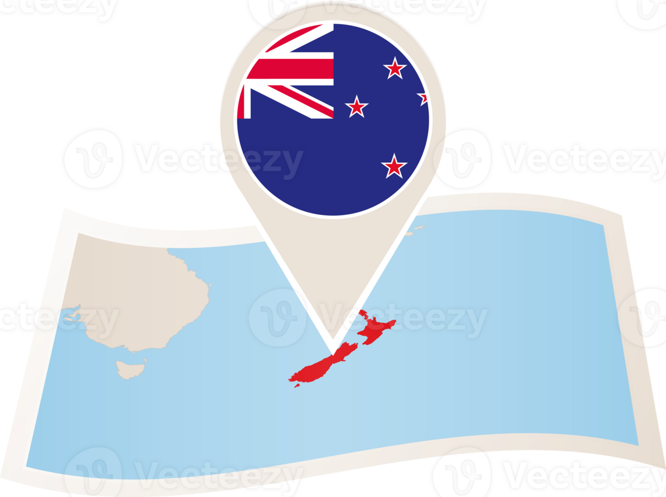 Folded map of New Zealand with flag pin of New Zealand. png