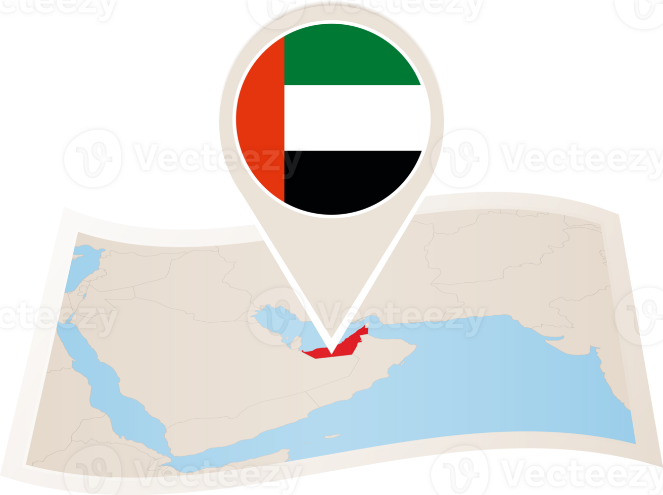 Folded map of United Arab Emirates with flag pin of UAE. png