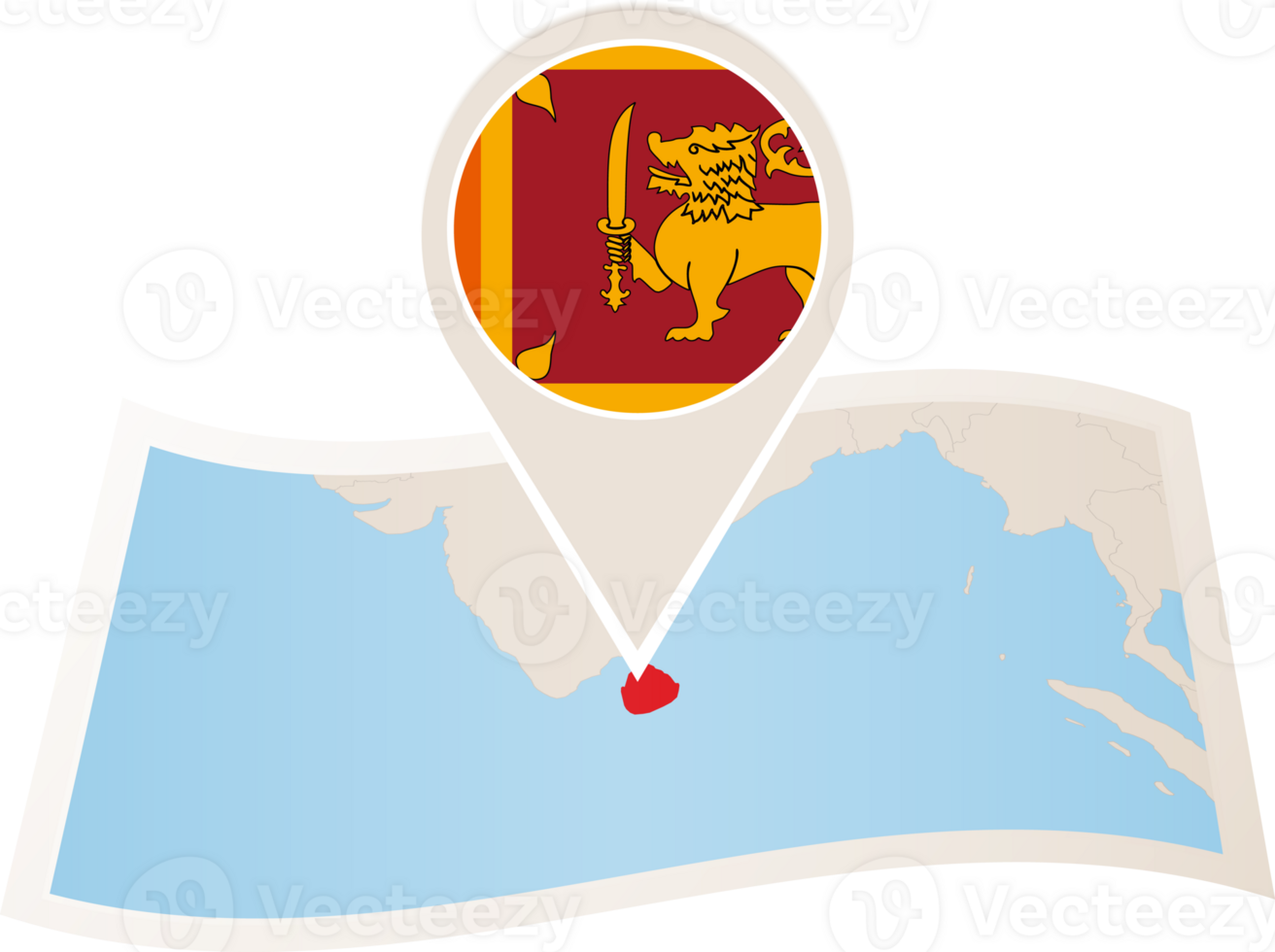 Folded map of Sri Lanka with flag pin of Sri Lanka. png