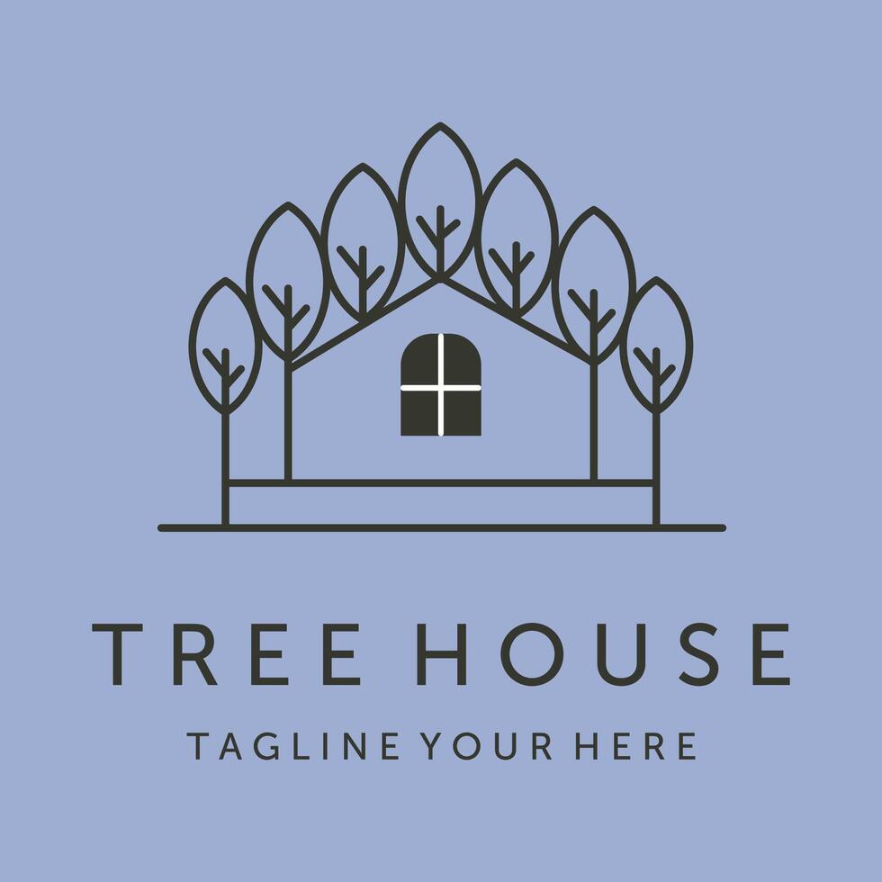 beautiful tree house line art logo design vector