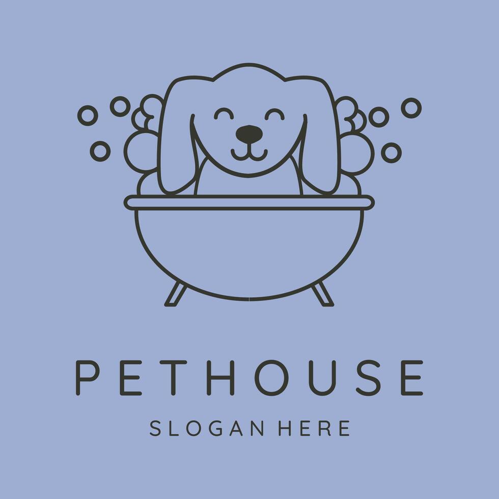 dog washing in bathtub line art logo symbol illustration design vector