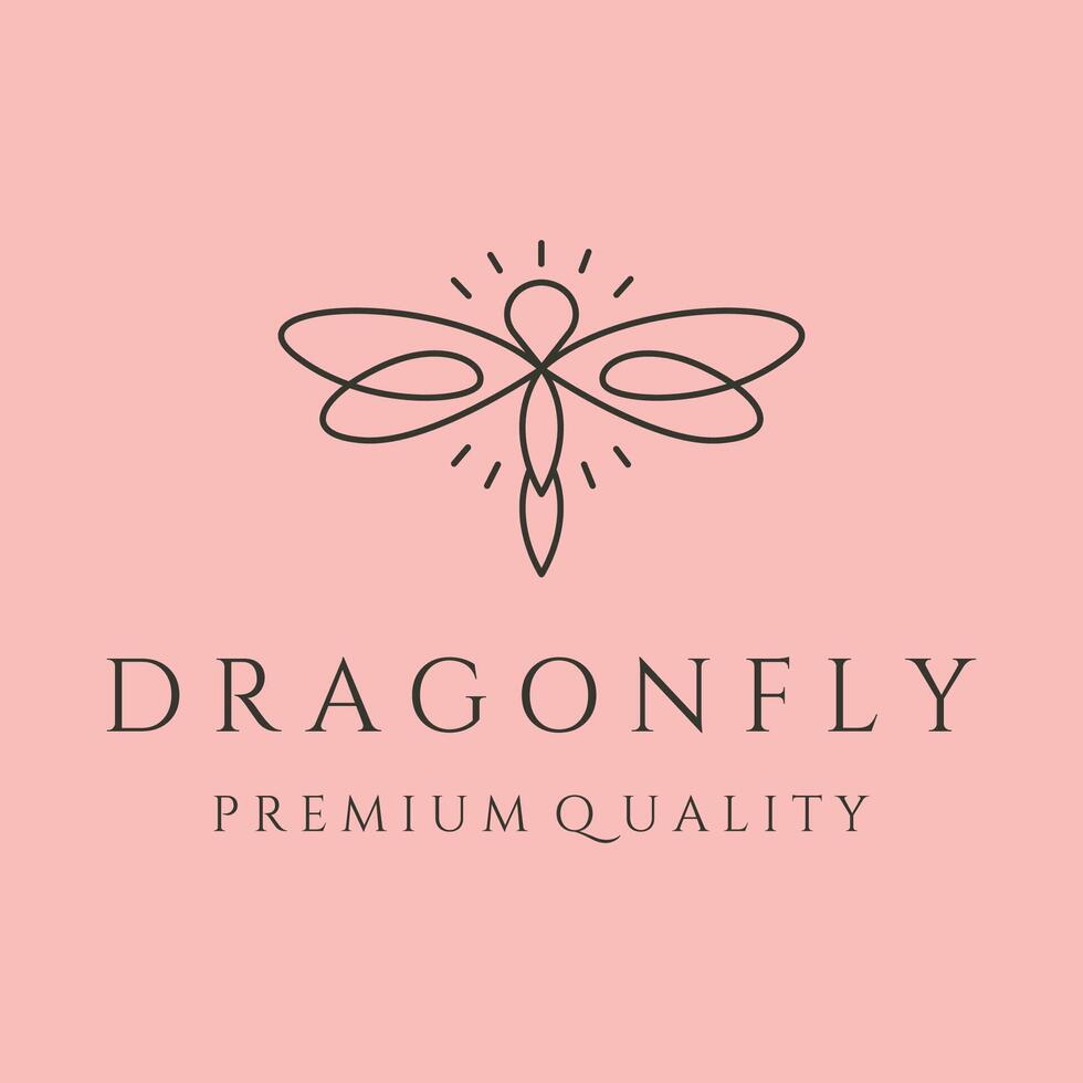 dragonfly with sunburst line art logo symbol illustration design vector
