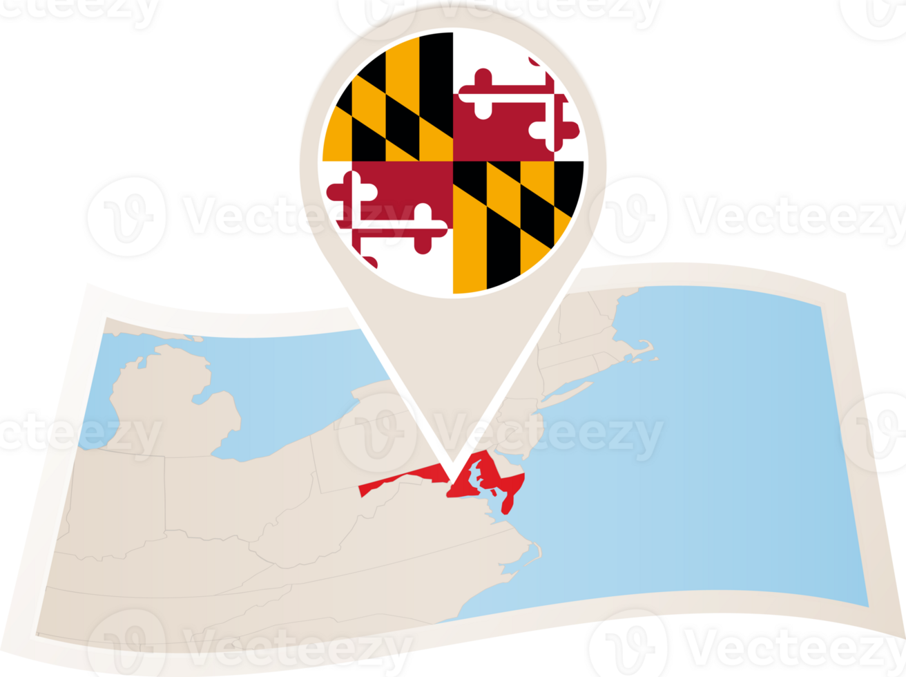 Folded map of Maryland U.S. State with flag pin of Maryland. png