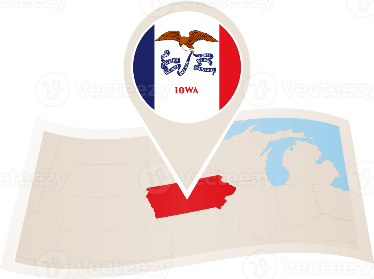 Folded map of Iowa U.S. State with flag pin of Iowa. png