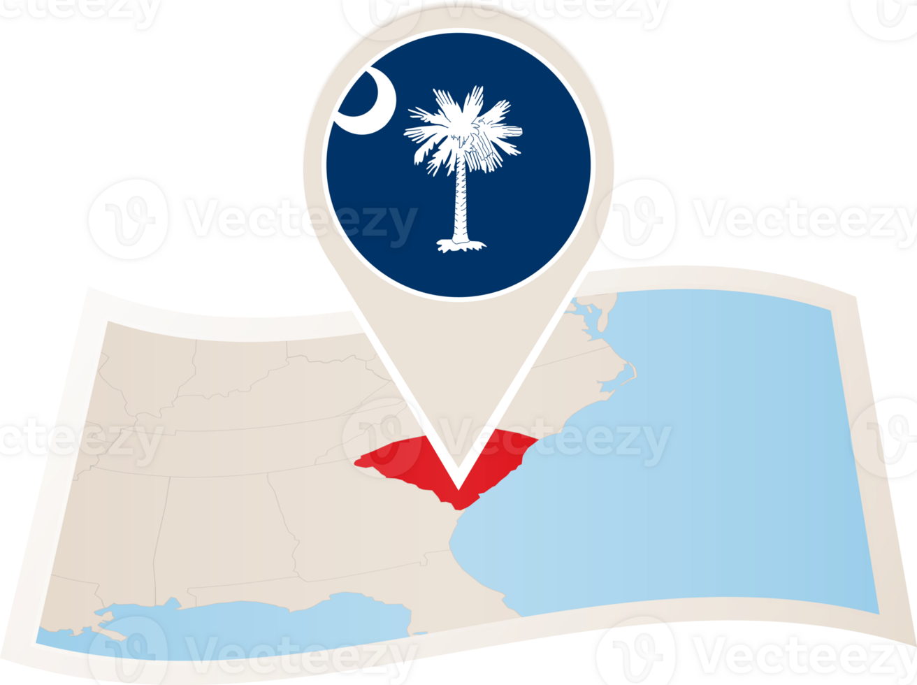 Folded map of South Carolina U.S. State with flag pin of South Carolina. png