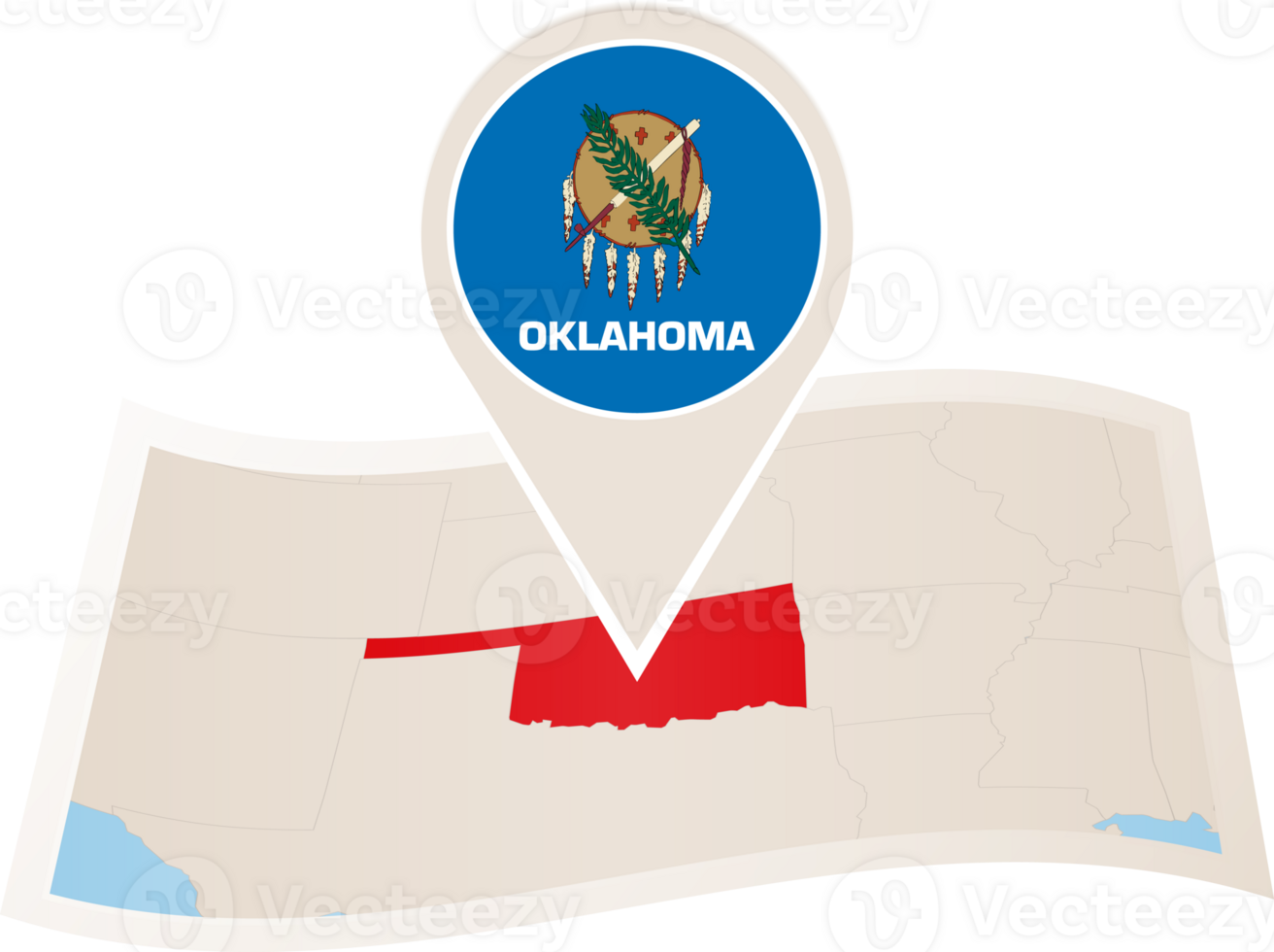 Folded map of Oklahoma U.S. State with flag pin of Oklahoma. png