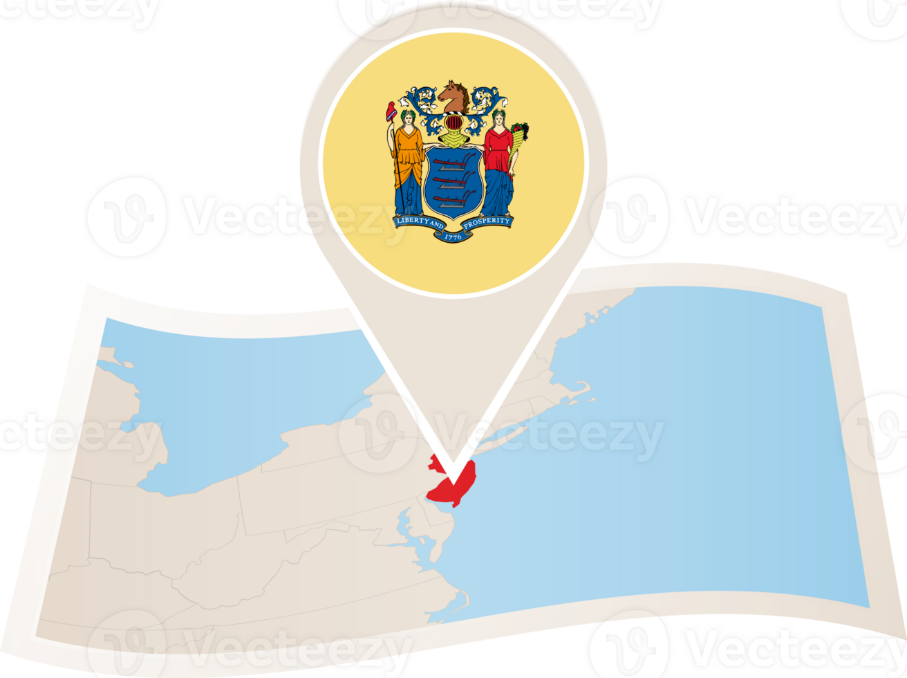 Folded map of New Jersey U.S. State with flag pin of New Jersey. png