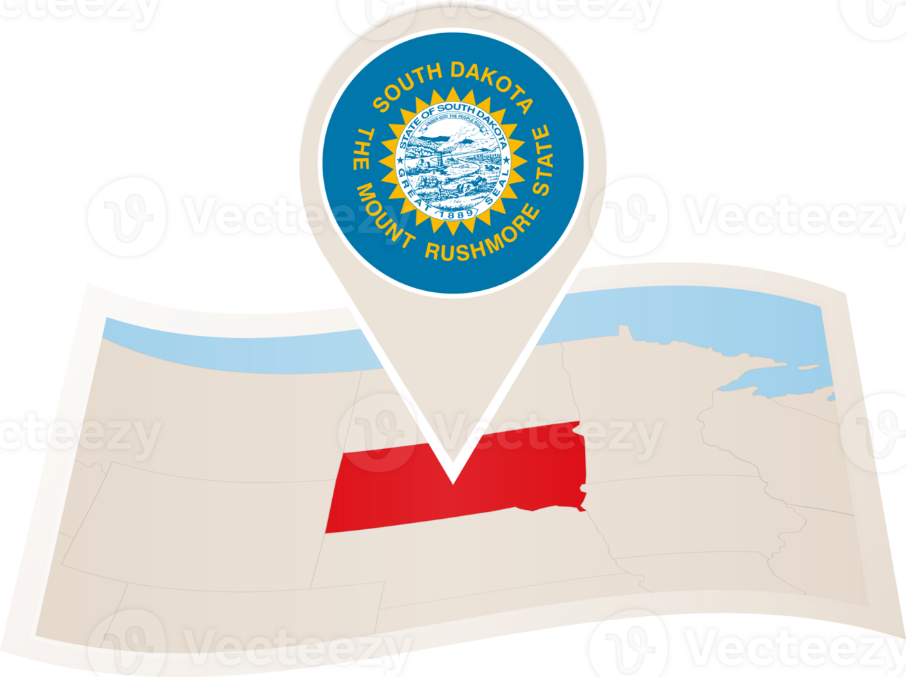 Folded map of South Dakota U.S. State with flag pin of South Dakota. png