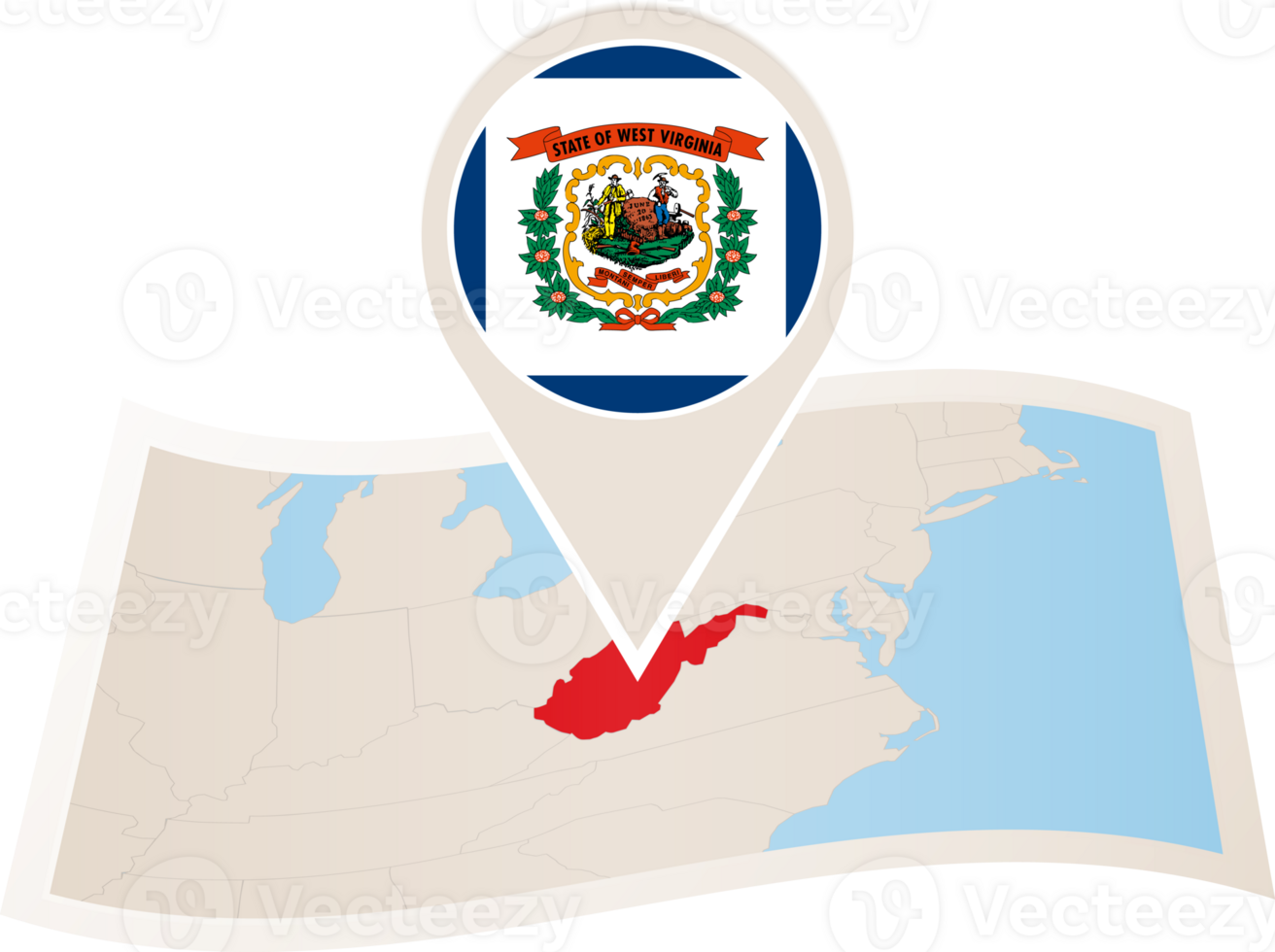 Folded map of West Virginia U.S. State with flag pin of West Virginia. png