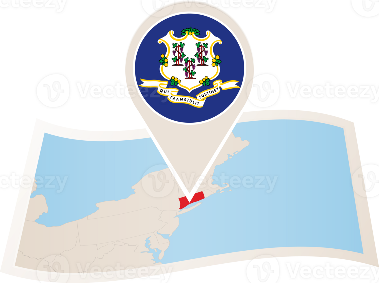 Folded map of Connecticut U.S. State with flag pin of Connecticut. png