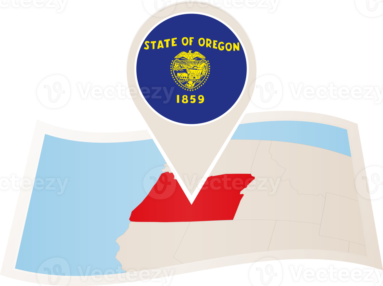 Folded map of Oregon U.S. State with flag pin of Oregon. png