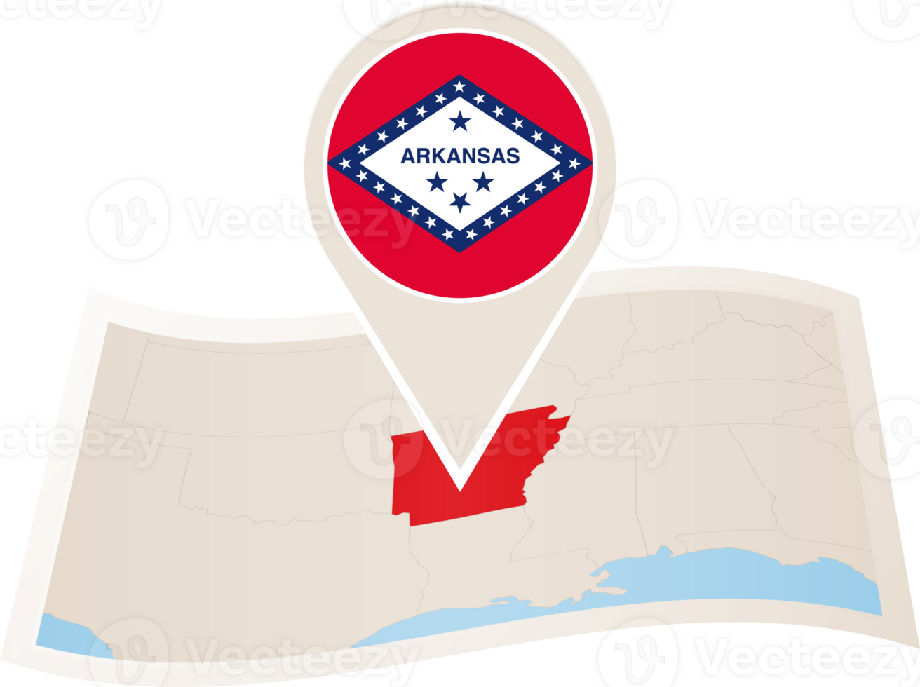 Folded map of Arkansas U.S. State with flag pin of Arkansas. png