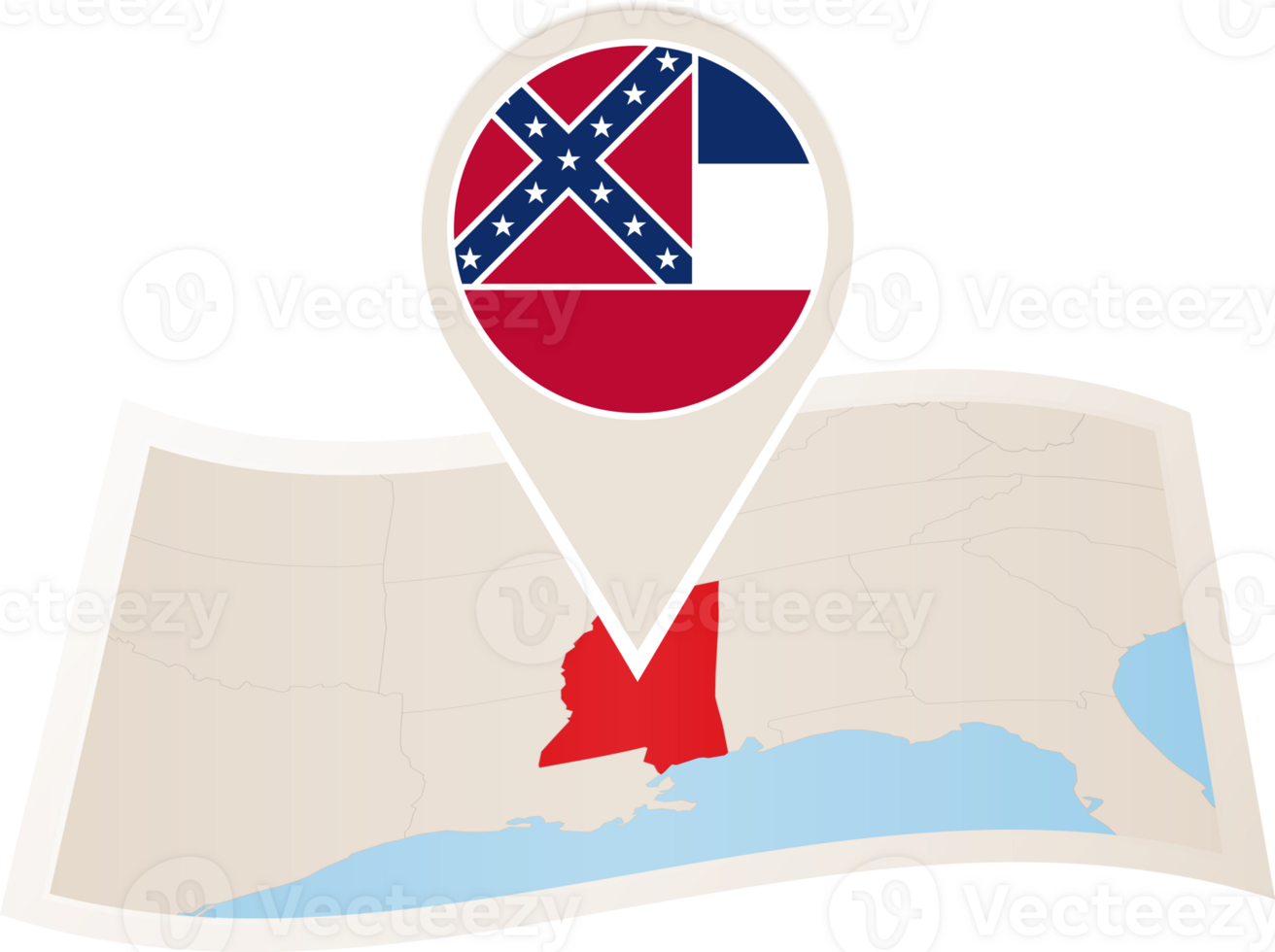 Folded map of Mississippi U.S. State with flag pin of Mississippi. png