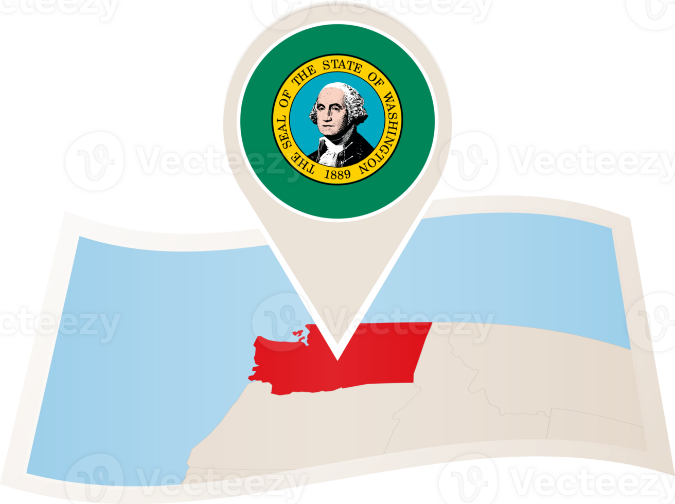Folded map of Washington U.S. State with flag pin of Washington. png