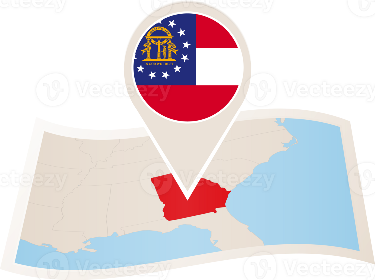 Folded map of Georgia U.S. State with flag pin of Georgia. png