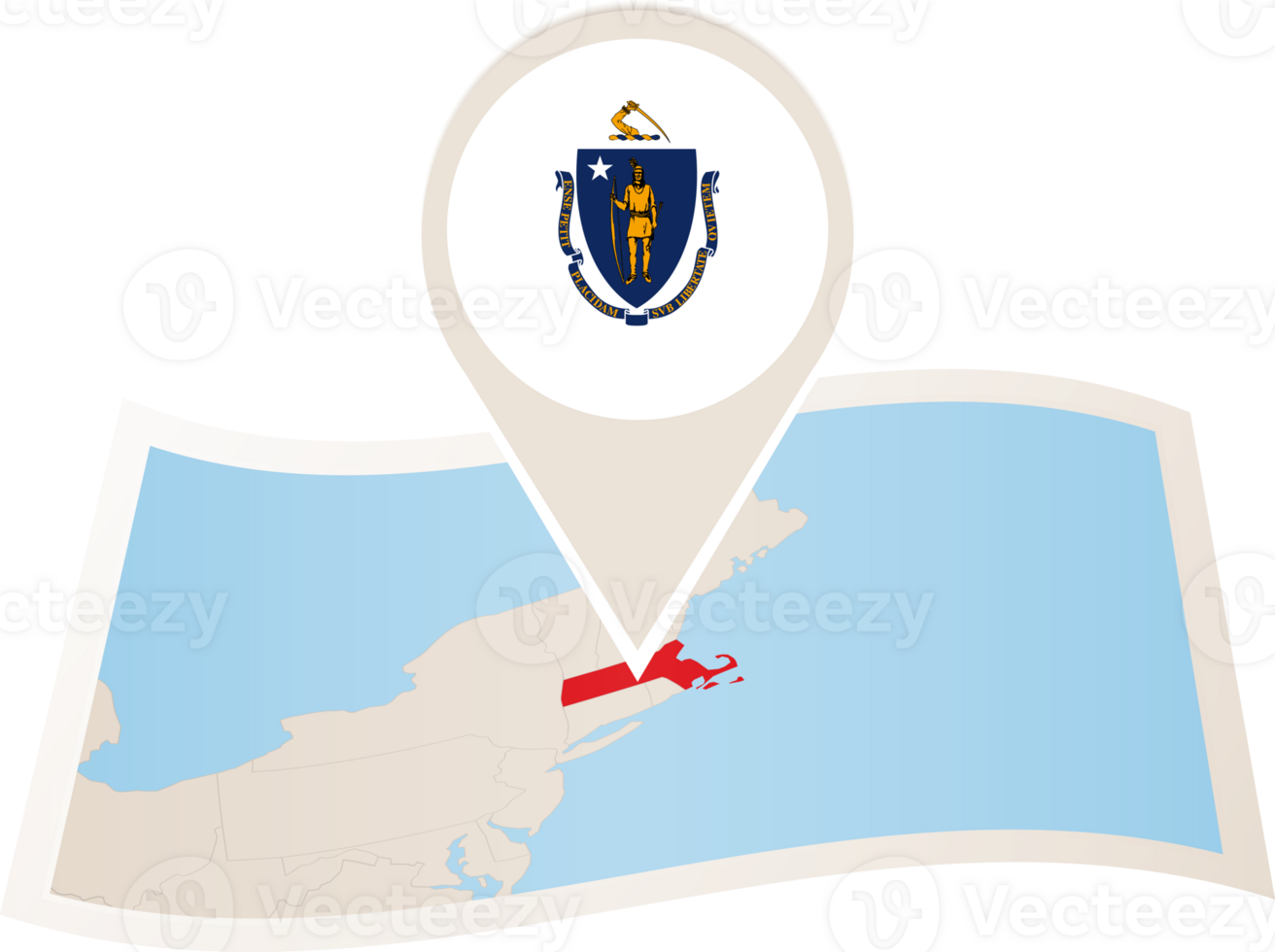 Folded map of Massachusetts U.S. State with flag pin of Massachusetts. png
