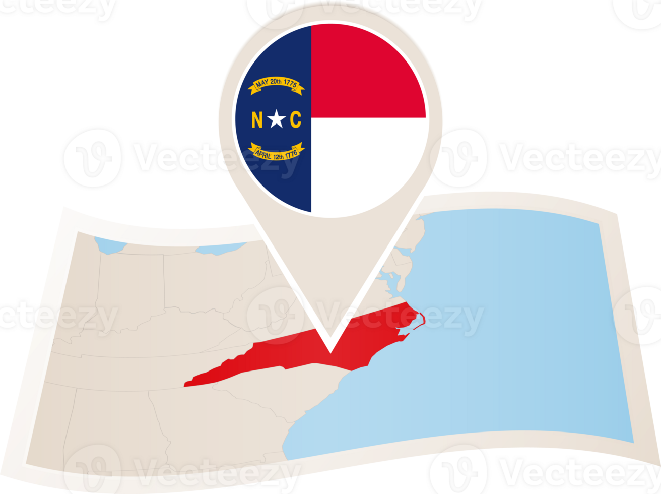 Folded map of North Carolina U.S. State with flag pin of North Carolina. png
