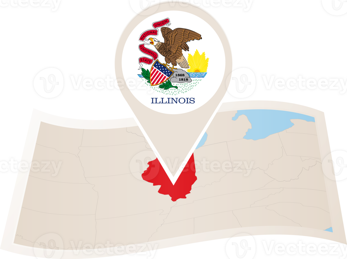 Folded map of Illinois U.S. State with flag pin of Illinois. png