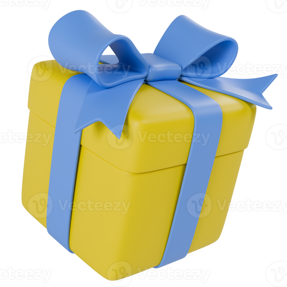 Stylized yellow gift box with blue ribbon on transparent background png
