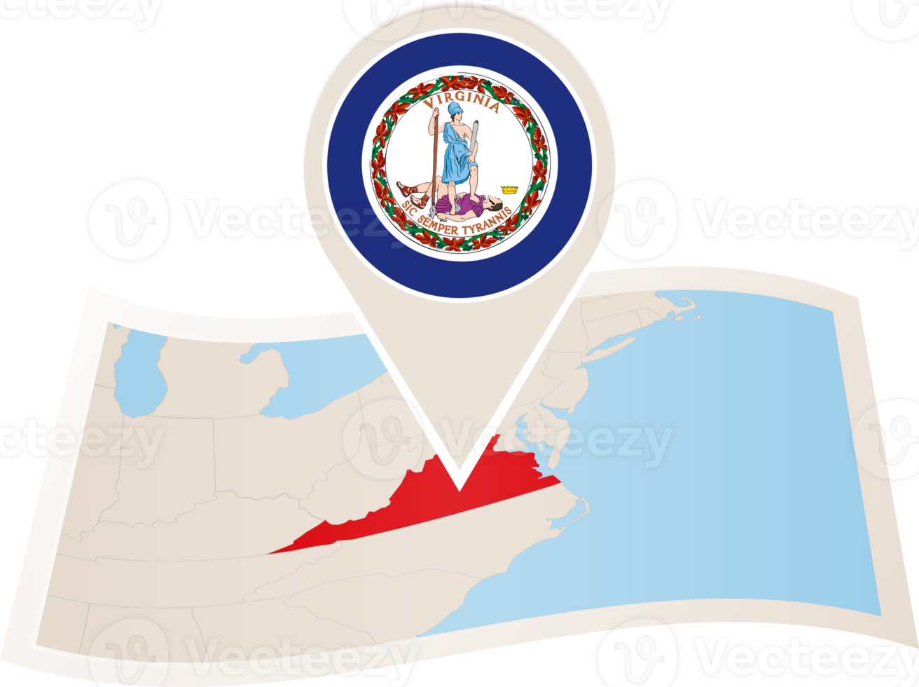 Folded map of Virginia U.S. State with flag pin of Virginia. png